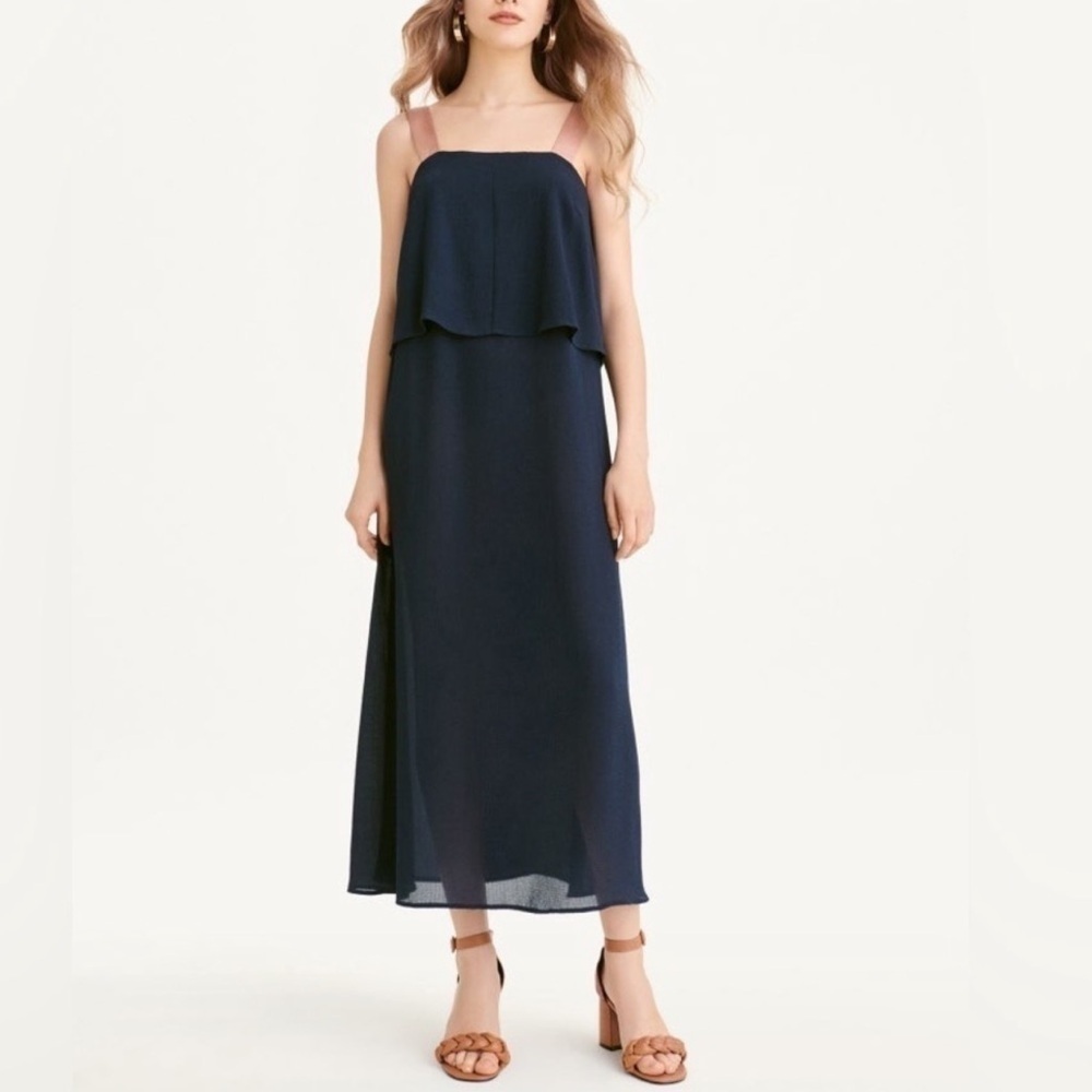DKNY Women's Sleeveless Maxi Dress Navy S‎ Half Lined Sheer Wedding Formal NWOT